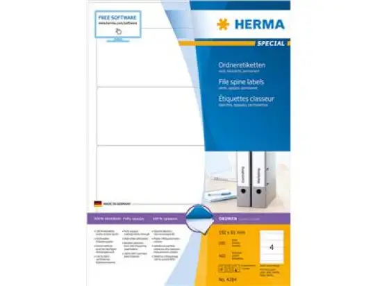 Ordner-Rückenschild Etiketten Herma 4284 Special kurz/breit, matt, selbstklebend, blanko, weiß, Inkjet Laser Kopierer, Pack 400 Stk/100 Blatt