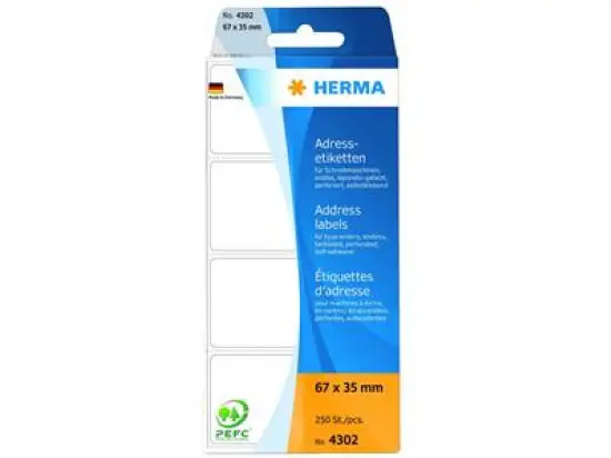 Adressetiketten Herma 4302 67 x 35 mm endlos, selbstklebend, leporello-gefalzt, perforiert, weiß, Schreibmaschine Handbeschriftung, Pack 250 Stk