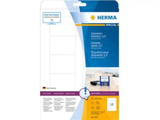 Disketten-Etiketten Herma 4353 Special 70 x 50,8 mm selbstklebend, wiederablösbar, weiß, Inkjet Laser Kopierer, Pack 250 Stk/25 Blatt