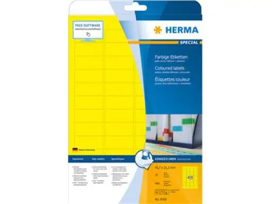 Etiketten Herma 4366 Special 45,7 x 21,2 mm selbstklebend ablösbar, gelb, Inkjet Laser Kopierer, Pack 960 Stk/20 Blatt