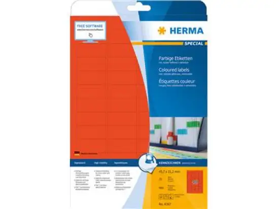 Etiketten Herma 4367 Special 45,7 x 21,2 mm selbstklebend ablösbar, rot, Inkjet Laser Kopierer, Pack 960 Stk/20 Blatt