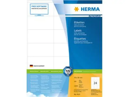 Etiketten Herma 4414 Premium 70 x 36 mm selbstklebend, weiß, Inkjet Laser Kopierer, Pack 12000 Stk/500 Blatt