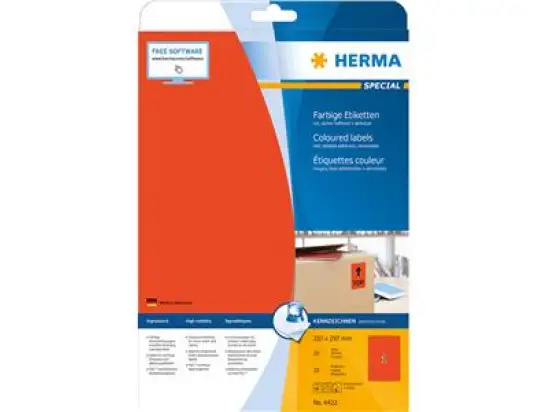 Etiketten Herma 4422 Special 210 x 297 mm A4 selbstklebend ablösbar, rot, Inkjet Laser Kopierer, Pack 20 Stk/20 Blatt