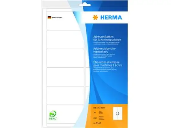 Adressetiketten Herma 4432 94 x 47 mm selbstklebend, weiß, Schreibmaschine Handbeschriftung, Pack 240 Stk/20 Blatt