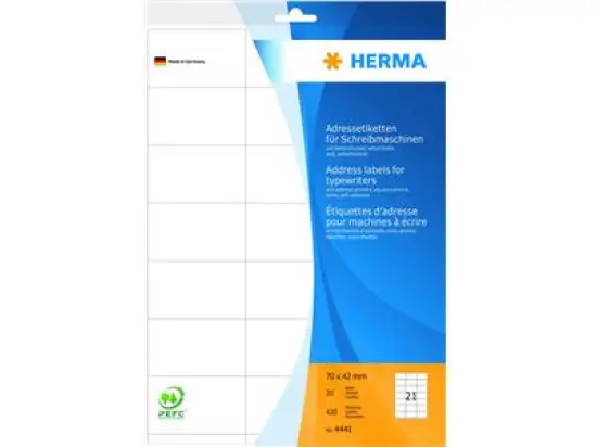 Adressetiketten Herma 4441 70 x 42 mm selbstklebend, weiß, Schreibmaschine Handbeschriftung, Pack 420 Stk/20 Blatt