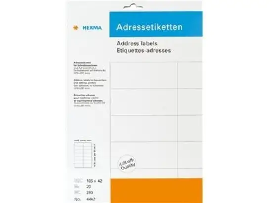 Adressetiketten Herma 4443 70 x 36 mm selbstklebend, weiß, Schreibmaschine Handbeschriftung, Pack 480 Stk/20 Blatt