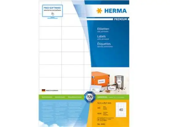 Etiketten Herma 4461 Premium 52,5 x 29,7 mm weiß, selbstklebend, Inkjet Laser Kopierer, Pack 4000 Stk/100 Blatt
