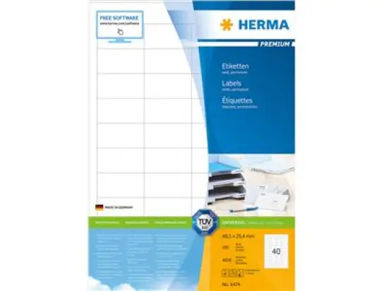 Etiketten Herma 4474 Premium 48,5 x 25,4 mm selbstklebend, weiß, Inkjet Laser Kopierer, Pack 4000 Stk/100 Blatt