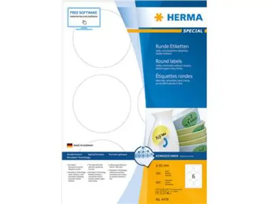 Etiketten Herma 4478 Special Ø 85 mm rund, selbstklebend, wiederablösbar, weiß, Inkjet Laser Kopierer, Pack 600 Stk/100 Blatt