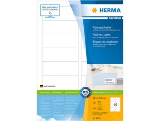 Adressetiketten Herma 4479 Premium 88,9 x 33,8 mm selbstklebend, weiß, Inkjet Laser Kopierer, Pack 1600 Stk/100 Blatt