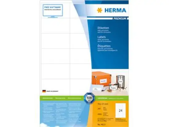 Etiketten Herma 4615 Premium 70 x 37 mm weiß, selbstklebend, Inkjet Laser Kopierer, Pack 4800 Stk/200 Blatt
