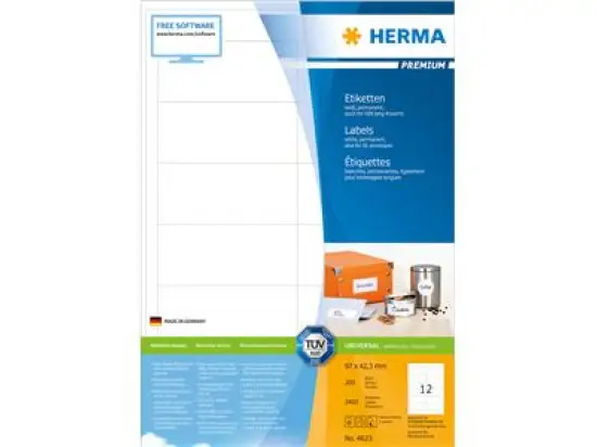 Etiketten Herma 4623 Premium 97 x 42,3 mm weiß, selbstklebend, auch für DIN lang Kuverts, Inkjet Laser Kopierer, Pack 2400 Stk/200 Blatt