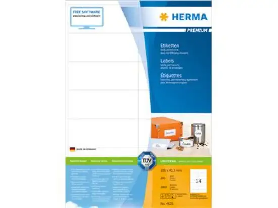 Etiketten Herma 4625 Premium 105 x 42,3 mm weiß, selbstklebend, Inkjet Laser Kopierer, Pack 2800 Stk/200 Blatt
