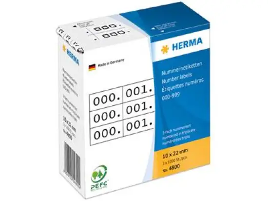 Nummern-Etiketten Herma 4800 10 x 22 mm, 0-999, 3-fach, selbstklebend, schwarz auf weiß, Pack 1000 Stk