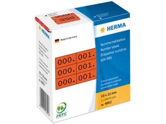 Nummern-Etiketten Herma 4802 10 x 22 mm, 0-999, 3-fach, selbstklebend, schwarz auf rot, Pack 1000 Stk