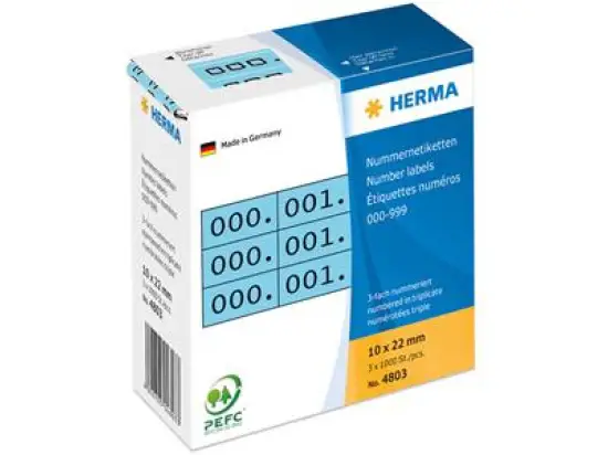 Nummern-Etiketten Herma 4803 10 x 22 mm, 0-999, 3-fach, selbstklebend, schwarz auf blau, Pack 1000 Stk