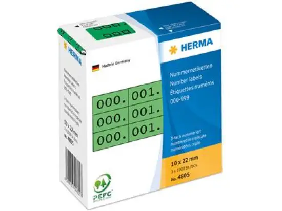 Nummern-Etiketten Herma 4805 10 x 22 mm, 0-999, 3-fach, selbstklebend, schwarz auf grün, Pack 1000 Stk