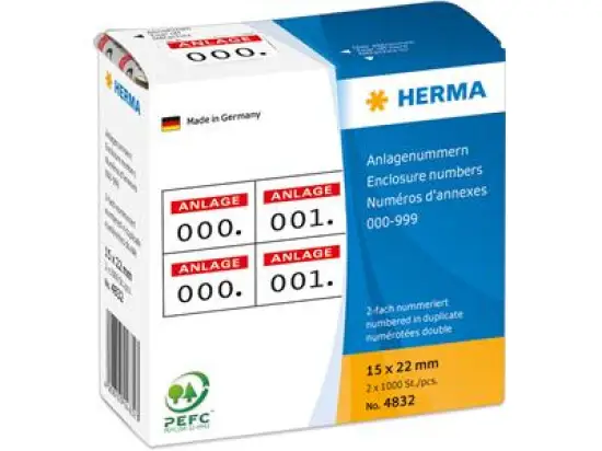 Anlagenummern Herma 4832 000-999, 15 x 22 mm, selbstklebend, 2-fach, weiß, Aufdruck: rot