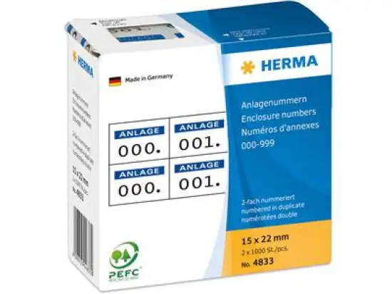 Anlagenummern Herma 4833 000-999, 15 x 22 mm, selbstklebend, 2-fach, weiß, Aufdruck: dunkelblau