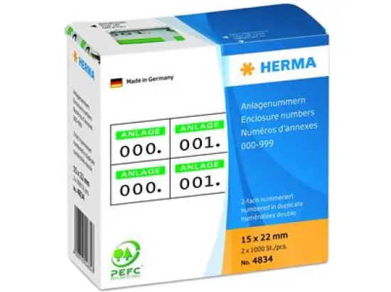 Anlagenummern Herma 4834 000-999, 15 x 22 mm, selbstklebend, 2-fach, weiß, Aufdruck: grün