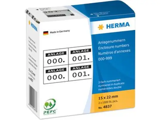 Anlagenummern Herma 4837 000-999, 15 x 22 mm, selbstklebend, 2-fach, weiß, Aufdruck: schwarz
