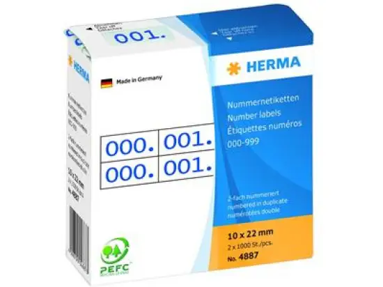Nummern-Etiketten Herma 4887 10 x 22 mm, 000-999, 2-fach, weiß, selbstklebend, blau auf weiß, Pack 1000 Stk