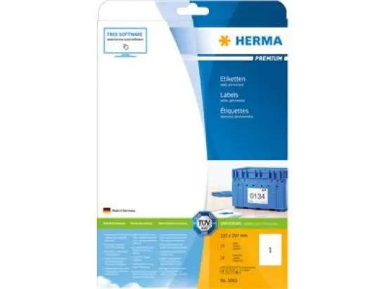 Etiketten Herma 5065 Premium 210 x 297 mm selbstklebend, weiß, Inkjet Laser Kopierer, Pack 25 Stk/25 Blatt
