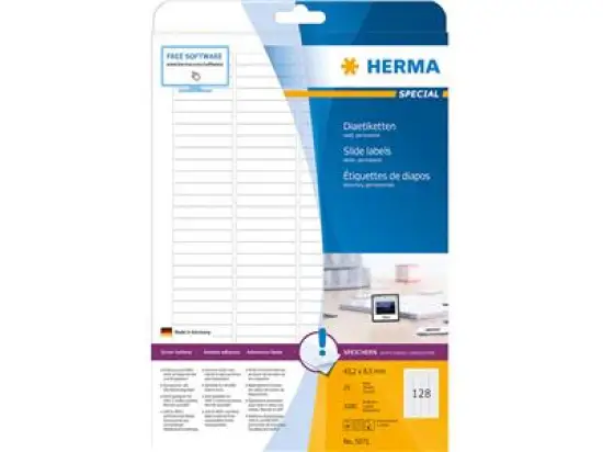 Dia-Etikett Herma 5071 Special 43,2 x 8,5 mm selbstklebend, weiß, Inkjet Laser Kopierer, Pack 3200 Stk/25 Blatt
