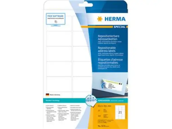 Adressetiketten Herma 5074 Special 63,5 x 38,1 mm weiß, selbstklebend, repositionierbar, Inkjet Laser Kopierer, Pack 525 Stk/25 Blatt