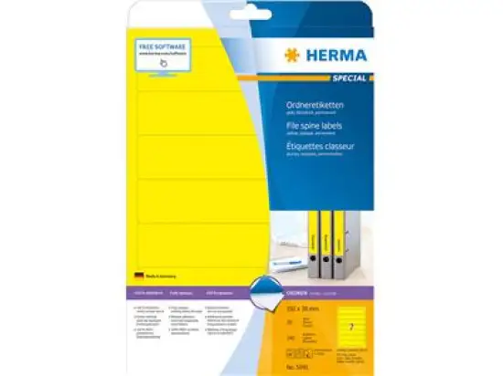Ordner-Rückenschild Etiketten Herma 5091 Special kurz/schmal, matt, selbstklebend, blanko, gelb, Inkjet Laser Kopierer, Pack 140 Stk/20 Blatt