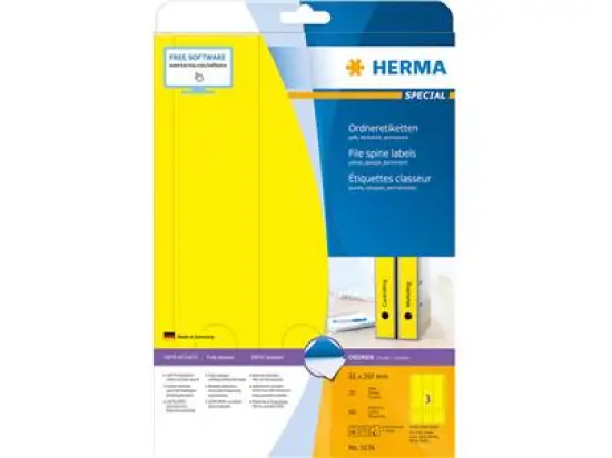Ordner-Rückenschild Etiketten Herma 5136 Special lang/breit, matt, selbstklebend, blanko, gelb, Inkjet Laser Kopierer, Pack 60 Stk/20 Blatt
