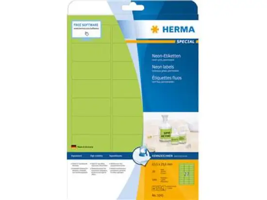 Etiketten Herma 5143 Special 63,5 x 29,6 mm selbstklebend, neon-grün, Inkjet Laser Kopierer, Pack 540 Stk/20 Blatt