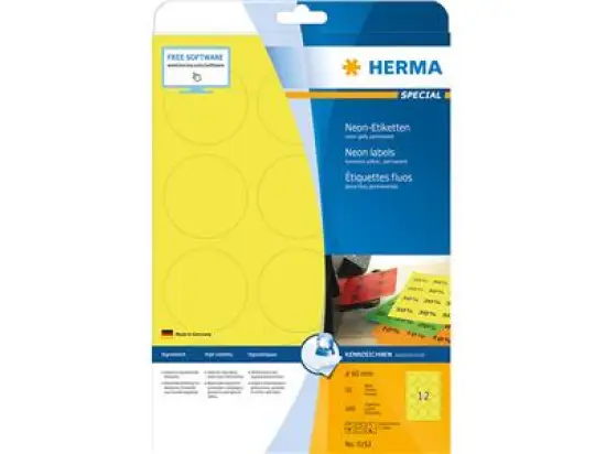 Etiketten Herma 5152 Special Ø 60 mm rund selbstklebend, neon-gelb, Inkjet Laser Kopierer, Pack 240 Stk/20 Blatt