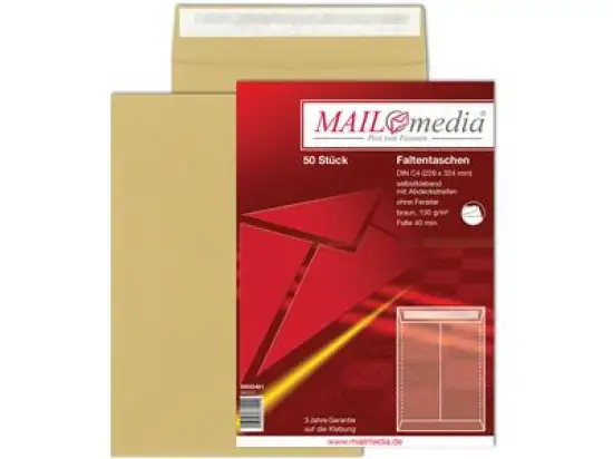 Faltentasche Mailmedia 30002481 380227 C4 (229 x 324 mm), 130g, ohne Fenster, Haftklebung, 40mm-Stehboden, braun, Pack 50 Stk