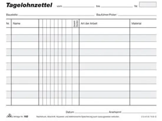 Tagelohnzettel RNK 182 A5-quer, Block mit 3 x 40 Blatt, selbstdurchschreibend SD
