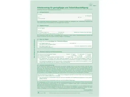 Arbeitsvertrag RNK 518 geringfügige Beschäftigung, A4/2x2Seiten selbstdurchschreibend, Pack 10 Stk