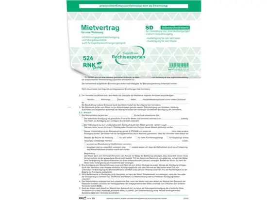 Mietvertrag Einheitlich RNK 524 A4, 4 x 2Seiten, selbstdurchschreibend, mit Übergabeprotokoll, Pack 25 Stk