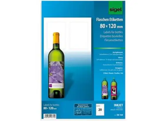 Flaschen-Etiketten Sigel DE160 80 x 120 mm selbstklebend weiß zum Selbstgestalten, Inkjet, Pack 20 Stk