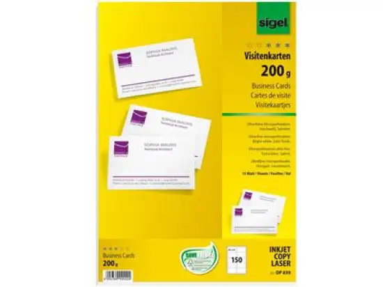 Visitenkarten Sigel DP839 hochweiß 200g 85x55mm MP, Pack 150 Stk/15 Blatt