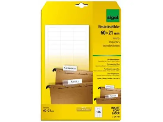 Einsteckschild-Etiketten Sigel LP720 60 x 21 mm weiß 170g Microperforation, Inkjet Laser Kopierer, Pack 156 Stk
