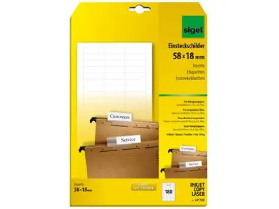 Einsteckschild-Etiketten Sigel LP725 58 x 18 mm weiß 170g Microperforation, Inkjet Laser Kopierer, Pack 180 Stk