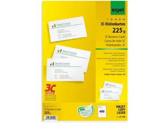 3C-Visitenkarten Sigel LP796 85 x55 mm, 225g, hochweiß satiniert, glatte Kanten rundum, Inkjet Laser Kopierer, Pack 400 Stk/40 Blatt