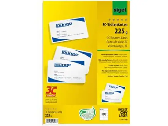 Visitenkarten Sigel LP798 85x55mm, 225g, weiß, abgerundete Ecken, Pack 100 Stk/10 Blatt