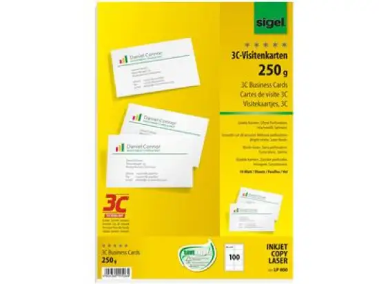 Visitenkarten Sigel LP800 85x55mm, A4, 250g, weiß, Pack 100 Stk/10 Blatt