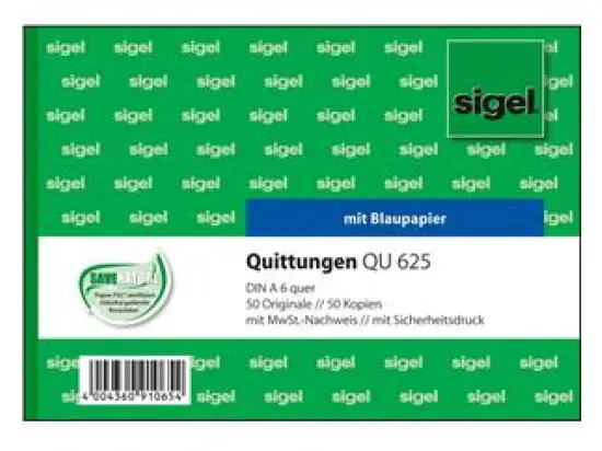 Quittung Sigel QU625 A6-quer 2 x 50 Blatt mit MwSt., Pack 10 Stk