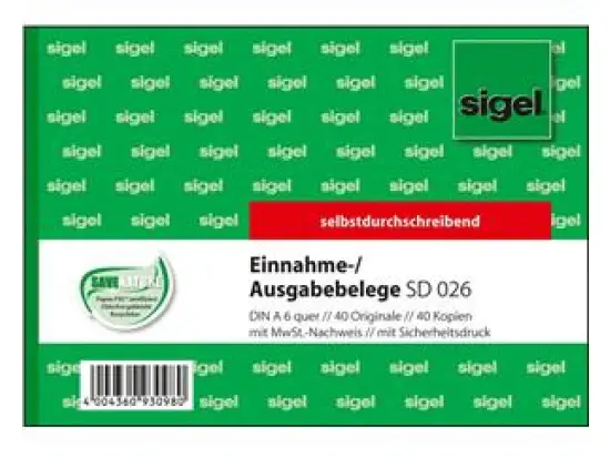Ausgabe- / Einnahmebeleg Sigel SD026 A6-quer 2 x 40 Blatt, Pack 10 Stk