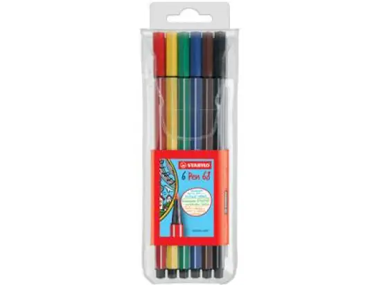 Filzstift Stabilo 6806/PL Pen 68 6er-Etui, Schreibfarben: blau, grün, gelb, braun, schwarz, rot, Pack 10 Stk