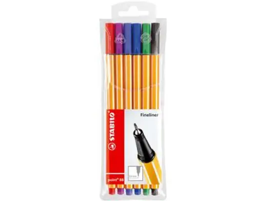 Fineliner Stabilo 88/6 point 88 6er-Etui, Schreibfarben: je 1x grün, rot, blau, schwarz, violett, lila