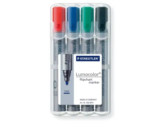 Flipchartmarker Staedtler 356WP4 356 WP4 Lumocolor 2mm, Rundspitze, 4er-Box, schwarz, rot, blau, grün