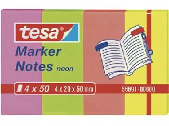 Haftnotiz Tesa 56691-00000-01 Marker Notes Neon 20 x 50 mm, Block mit 50 Blatt, pink/gelb/grün/orange, Pack 4 Blöcke